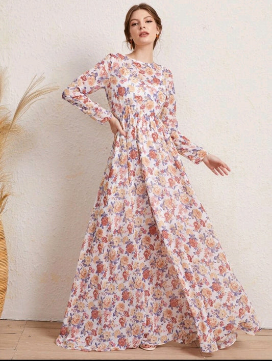 Floral print long chiffon dress