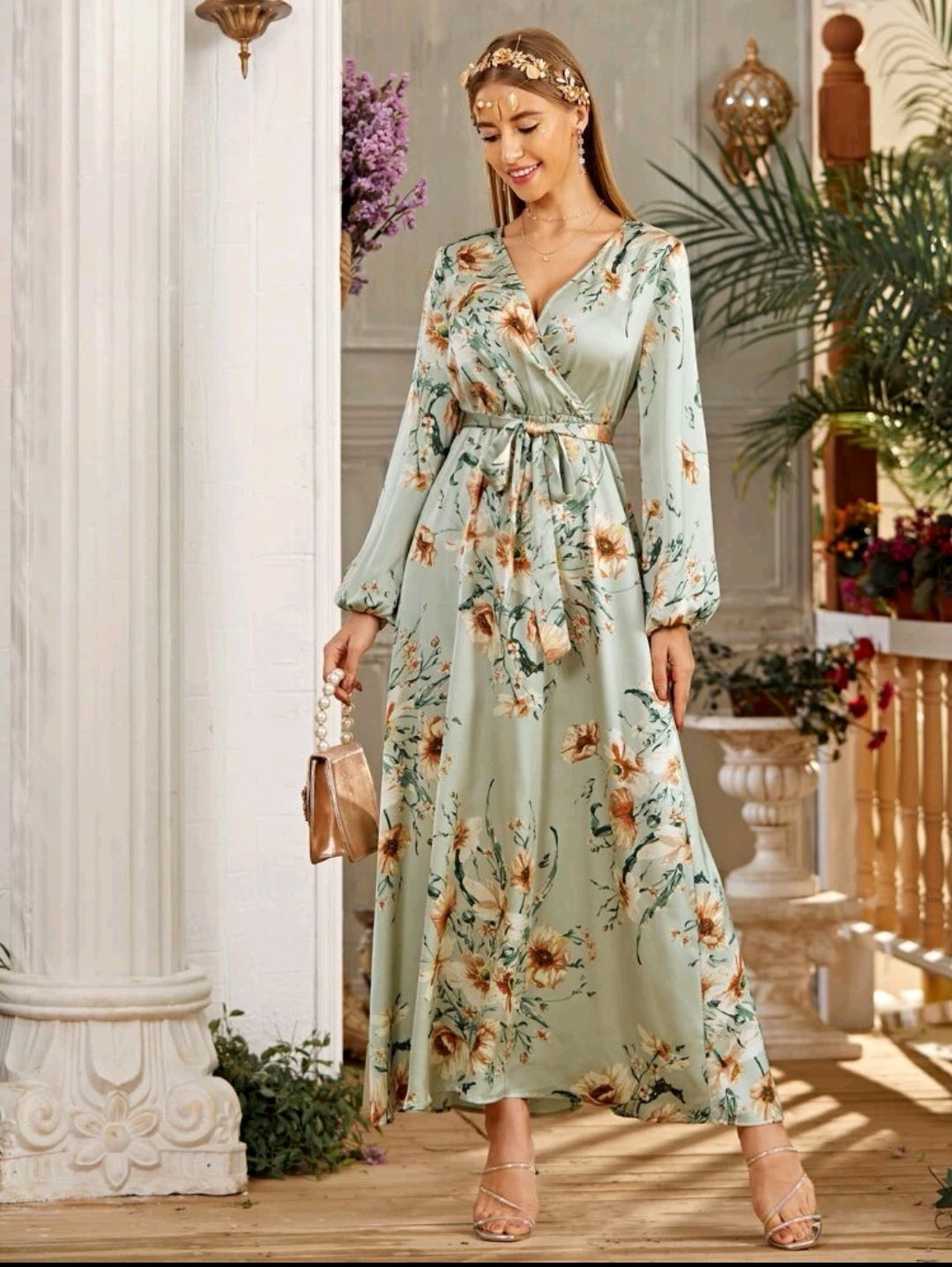 Floral print satin belted dress