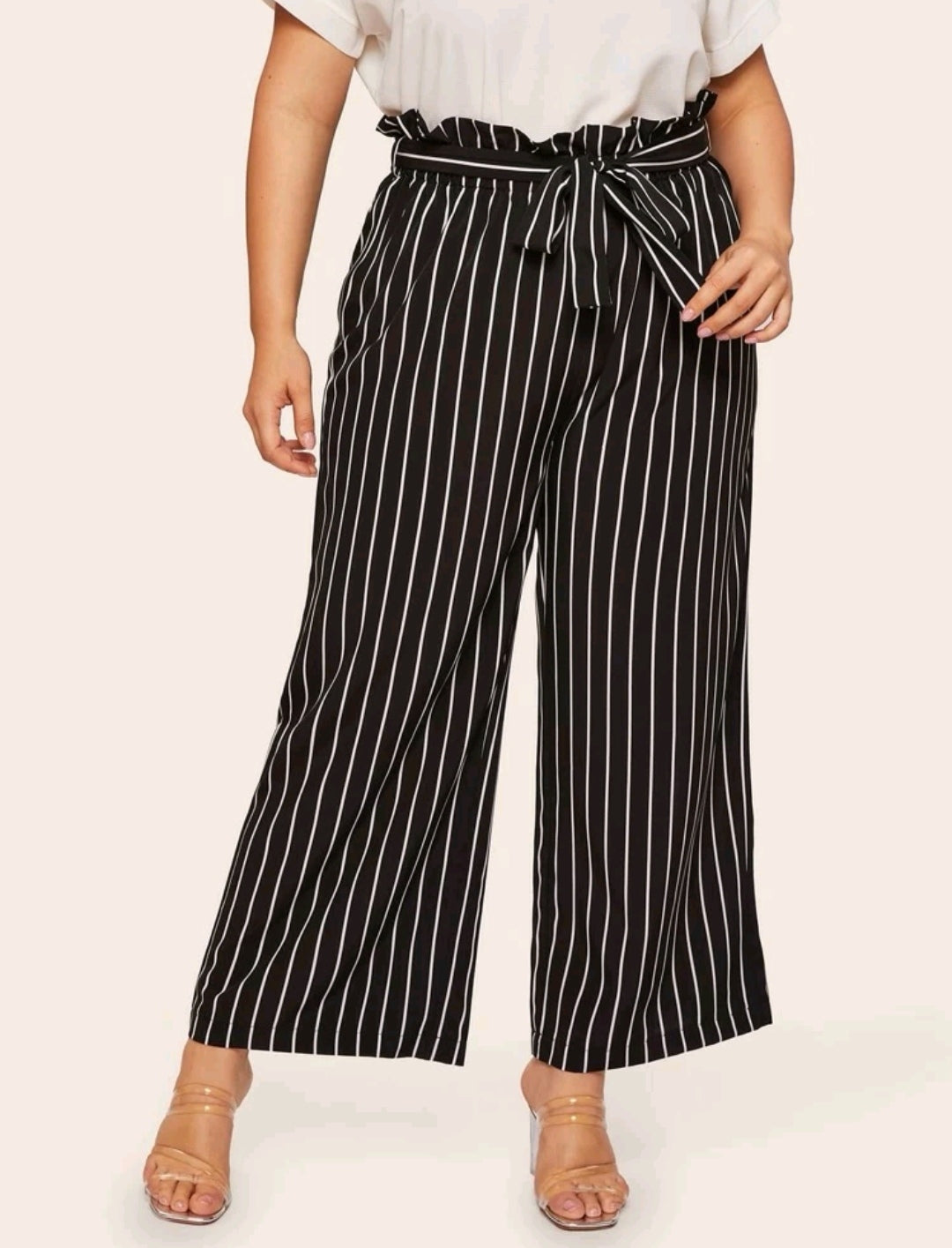 Paperbag striped wide pants