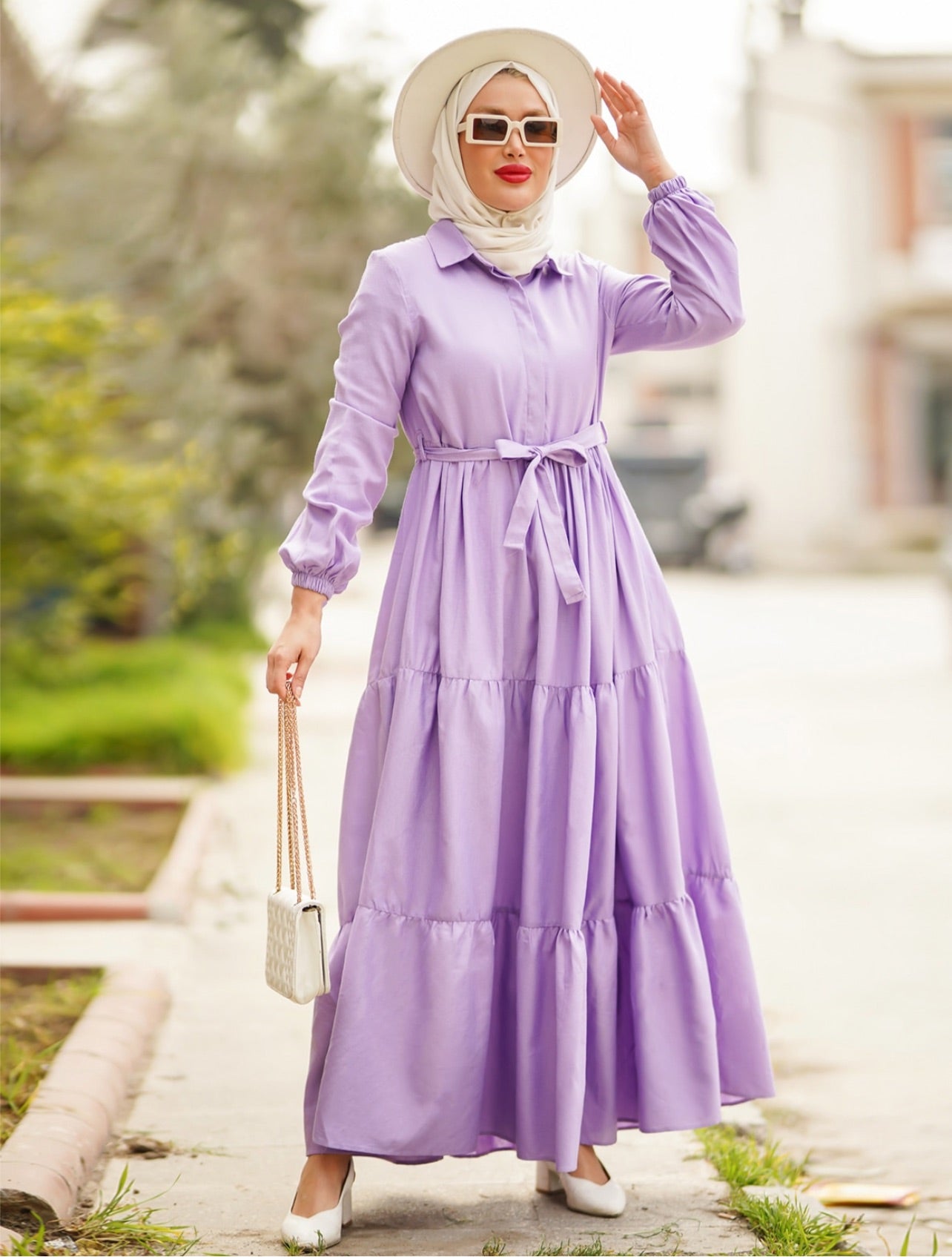 Lilac unlined belted  dress