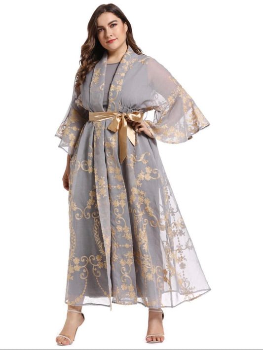 Embroidered open front kaftan with inner dress