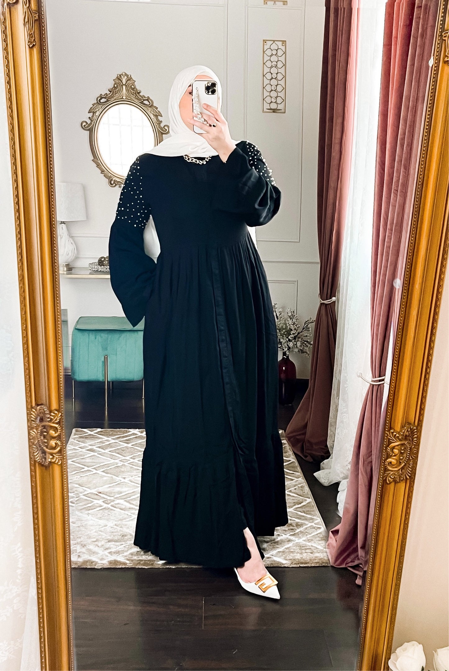 Long Black Abaya With Pearls