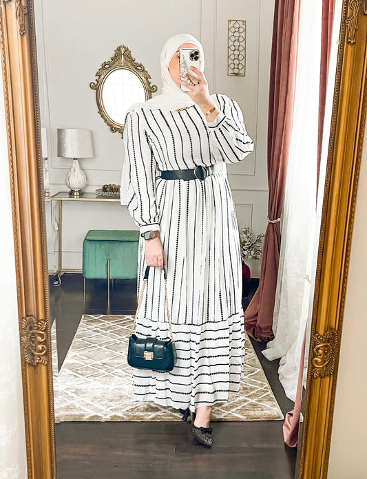 Fully Lined Striped Dress with Belt