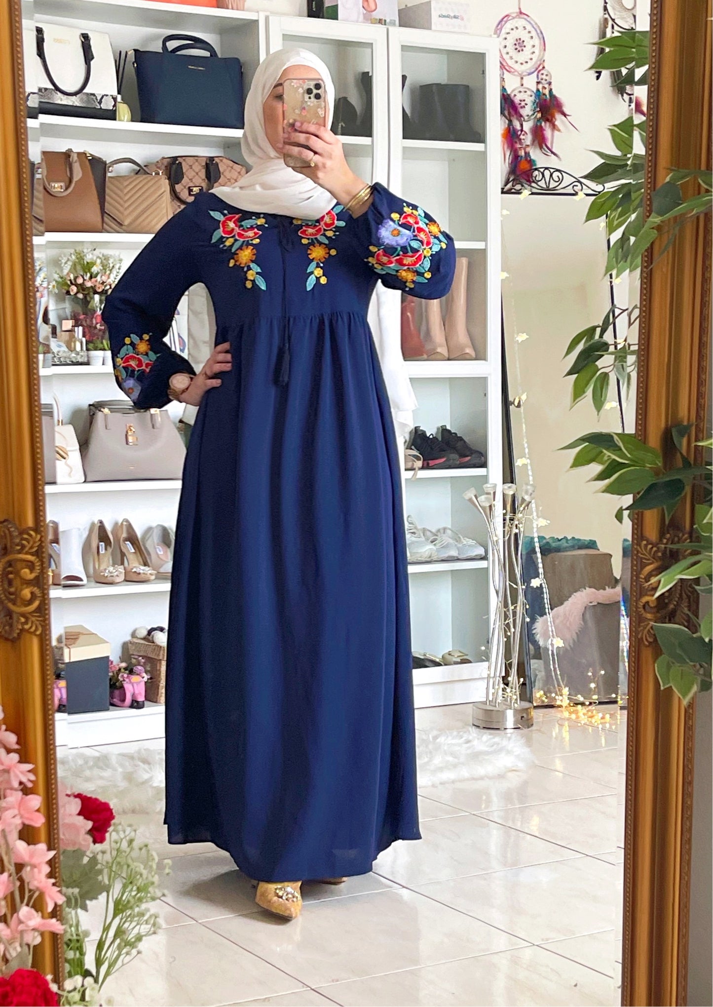 Embroidered Tie Front Navy Blue Dress