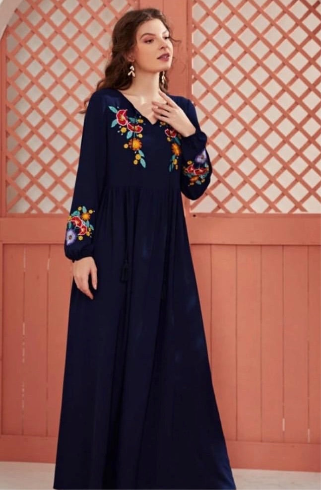 Embroidered Tie Front Navy Blue Dress