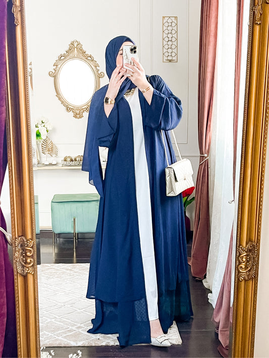 Navy blue ruffled abaya with hijab